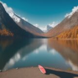【パドルボード】湖面をゆっくり進む時間 | 秋の山々に囲まれた水上の風景 をイメージした 広角の風景、湖、山、秋 の写真