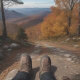 【登山靴】足元の滑りを防ぎ快適さを保つ | 秋の山道で紅葉を眺める をイメージした 広角の風景、ハイキング、山、登山道、秋、秋 の写真