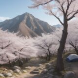 【桜】山の中の登山道を歩くルート | 春になって景色が変わる山の風景 をイメージした 広角の風景、山、登山道、ハイキング、ハイキング、山、春 の写真