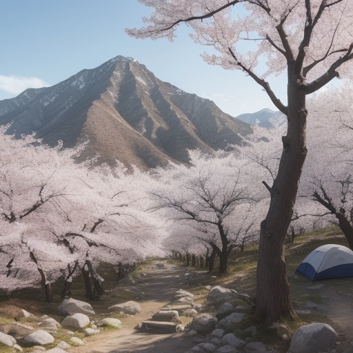 【桜】山の中の登山道を歩くルート | 春になって景色が変わる山の風景 をイメージした 広角の風景、山、登山道、ハイキング、ハイキング、山、春 の写真