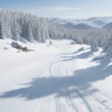 【スキー】雪山の斜面から麓まで一気に滑り降りる | 冬の景色とルート選び をイメージした 広角の風景、冬 の写真