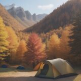 【キャンプ場】見つけ方のコツ | 秋の紅葉と山々の緑がある場所選び をイメージした 広角の風景、秋、山 の写真