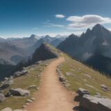 【登山】夏の山道を一歩ずつ歩き | 山頂から見渡す景色と風に触れる をイメージした 広角の風景、ハイキング、山、夏 の写真