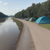 【堤防整備】河川敷の散歩道 | 浸水防止策と足元の安全を確認して歩く をイメージした 広角の風景、川 の写真