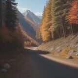 【安全装備】事故を防ぐための防護具 | 紅葉の山道で備える道具 をイメージした 広角の風景、山、秋、ハイキング の写真