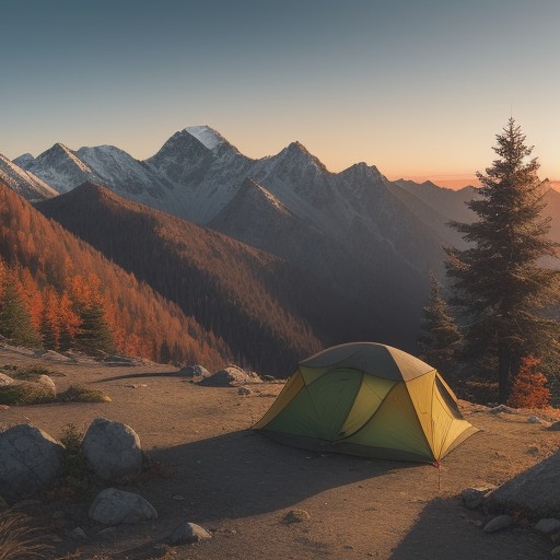 【紅葉】登山道で見る木々の色の変化 | 山頂から眺める景色と歩くルート をイメージした 秋、ハイキング、山、夕日 の写真