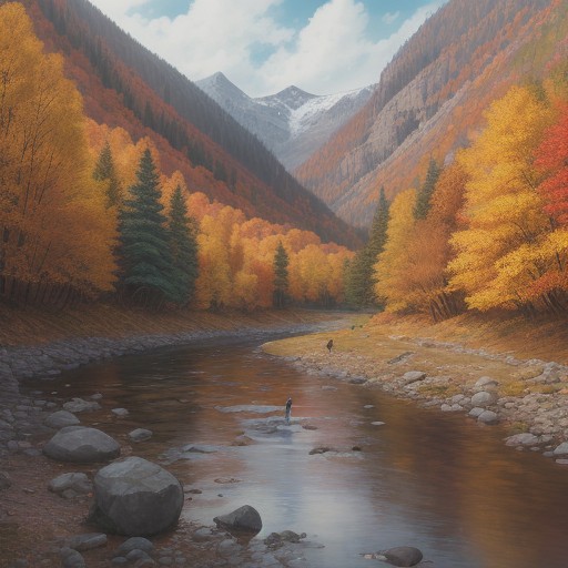 【渓流釣り】秋の山道を歩いて | 紅葉が色づく川で一匹を狙う をイメージした 秋、秋、夏、山 の写真