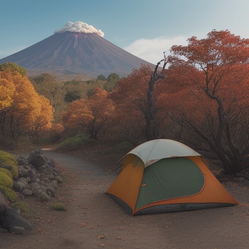 【火山】噴火の危険がある登山道 | 秋の紅葉と避難路の確認 をイメージした 秋、登山道、ハイキング の写真