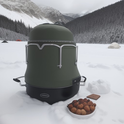 【クッカー】山のキャンプで作る料理 | 冬の屋外で食べる食事 をイメージした 冬、山 の写真