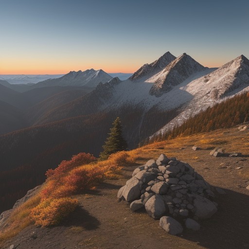 【紅葉】登山道で見る木々の色の変化 | 山頂から眺める景色と歩くルート をイメージした 秋、ハイキング、山、夕日 の写真