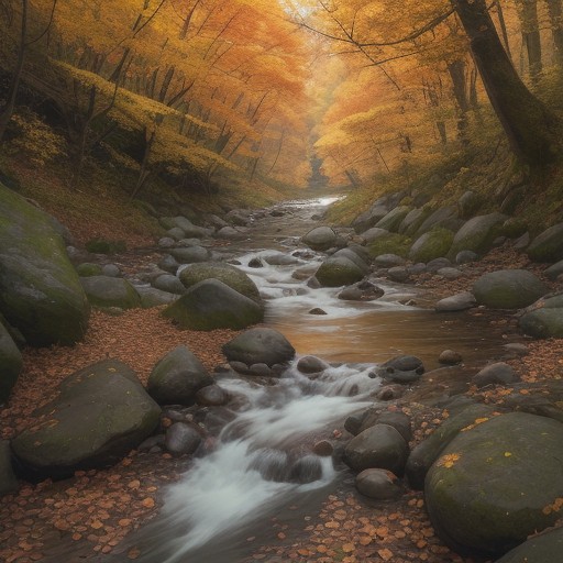 【渓流釣り】秋の山道を歩いて | 紅葉が色づく川で一匹を狙う をイメージした 秋、秋、夏、山 の写真