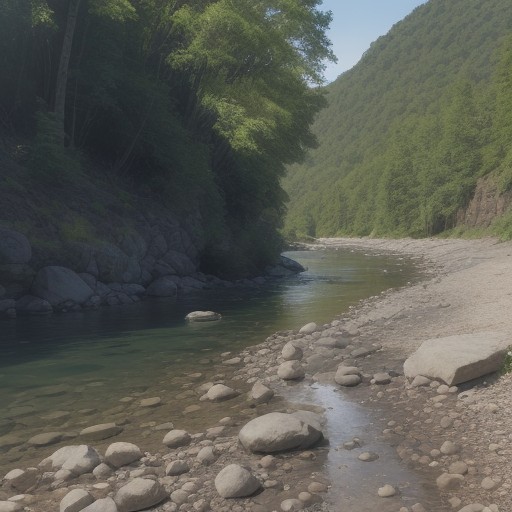 【河川】夏の水辺を歩いて過ごす時間 | 岩の間を流れる水の音と風の通り道 をイメージした 夏、川 の写真