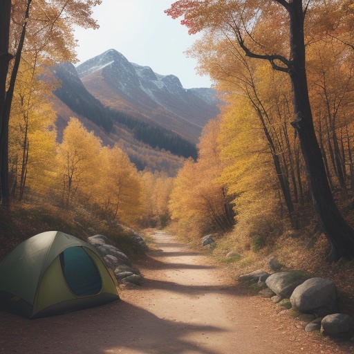 【登山ルート】地図で確認する移動経路 | 紅葉が色づく山道をゆっくり歩く をイメージした 広角の風景、ハイキング、秋、山、登山道 の写真