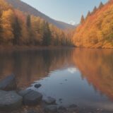 【カヤック】水上の視点 | 浮力を感じて漕ぎ出す秋の湖と紅葉の景色 をイメージした 広角の風景、秋、湖、秋 の写真