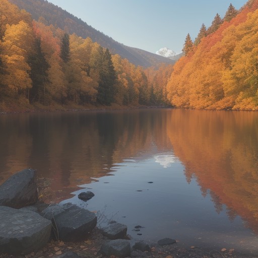 【カヤック】水上の視点 | 浮力を感じて漕ぎ出す秋の湖と紅葉の景色 をイメージした 広角の風景、秋、湖、秋 の写真