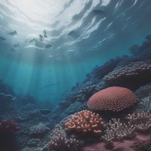 【海洋生物】サンゴ礁に集まる魚や貝の様子 | 藻類が作り出す海の仕組み をイメージした 広角の風景 の写真