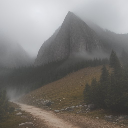 【防水ジャケット】雨の日の登山 | 霧が立ち込める山道を歩くための装備 をイメージした 広角の風景、ハイキング、山、ハイキング の写真