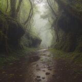 【登山靴】防水性能と耐久性のバランス | 雨上がりの森や泥道を歩く日 をイメージした 広角の風景、ハイキング、森 の写真