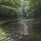 【河童】日本の水辺にある伝説を辿る旅 | 夏の川沿いで見る緑と水の風景 をイメージした 広角の風景、夏、川 の写真