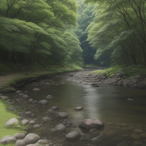 【河童】日本の水辺にある伝説を辿る旅 | 夏の川沿いで見る緑と水の風景 をイメージした 広角の風景、夏、川 の写真