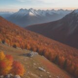 【登山】秋の山道を通り頂上を目指す | 紅葉が見頃のルートを歩く をイメージした 広角の風景、山、ハイキング、登山道、秋、秋、山頂 の写真