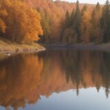 【ワーム】秋の湖でのバス釣り用ギア | カラーと形の選び方と使い分け をイメージした 広角の風景、秋、湖 の写真