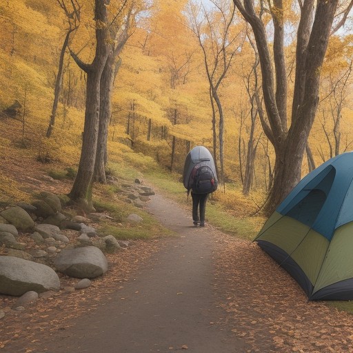 【登山用靴下】足の疲れを減らして歩くコツ | 紅葉の山道を歩く準備 をイメージした 広角の風景、ハイキング、秋、山、登山道 の写真