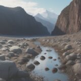 【フィン】水辺の岩場を移動する | 川底にある石や魚を観察する をイメージした 広角の風景、川 の写真
