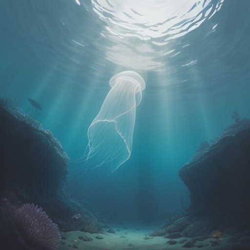 【クラゲ】夏の海で泳いで遭遇した | 水中を漂う生物の姿と生態の観察 をイメージした 広角の風景、夏 の写真