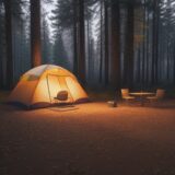【キャンプ場】森の中のオートキャンプサイト | 秋の紅葉と夜の焚き火の時間 をイメージした 広角の風景、森、秋 の写真