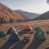 【クッカー】秋の山で食材を調達して調理する | キャンプでの食事時間 をイメージした 広角の風景、山、秋 の写真