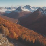【登山】秋の山道を歩いて巡るルート | 山頂から眺める紅葉の景色を記録する をイメージした 広角の風景、ハイキング、山、登山道、秋、秋 の写真