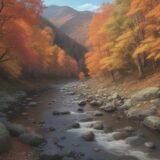 【渓流釣り】紅葉の山の中を歩いて川へ向かう | 秋に狙う魚と釣行記録 をイメージした 広角の風景、山、秋、ハイキング、川 の写真