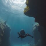 【ダイビングフィン】推進力を生む足の動き | 水中運動で海を泳ぐ をイメージした 広角の風景 の写真