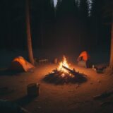 【焚火】薪を組み上げて火を熾す | 夜のキャンプ場で火を囲んで過ごす時間 をイメージした 広角の風景 の写真