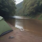 【水位】川の洪水予報をチェック | 雨上がりの川で釣りを始める前の確認 をイメージした 広角の風景、川 の写真