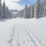 【スノーシュー】雪原の中を歩くルート | 足跡が点々と続く冬の風景 をイメージした 広角の風景、雪景色、雪景色、冬 の写真