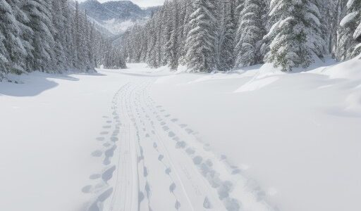 【スノーシュー】雪原の中を歩くルート | 足跡が点々と続く冬の風景