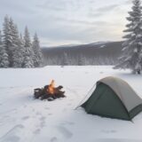 【焚火セット】冬のキャンプで準備する道具 | 火を囲んで体を温める をイメージした 広角の風景、冬 の写真