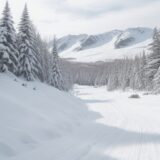 【スキー】雪山のコースを滑り降りる | 冬の山へ持っていく持ち物リスト をイメージした 広角の風景、山、雪景色、冬 の写真