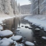 【魚類】冬の川に住む生き物の習性 | 水温で変わる体の仕組みと動き をイメージした 広角の風景、冬、川 の写真