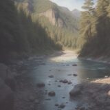 【ラフト】夏の川の水面を流れる時間 | 浮力の仕組みと水辺の景色 をイメージした 広角の風景、夏、川、川 の写真