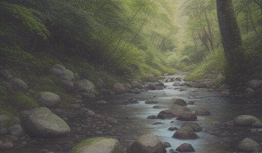 【渓流】木々の間を抜ける川沿いを散歩する | 夏の森で過ごす時間