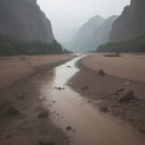 【洪水】梅雨時期に増水した川の流れ | 水位の変化を観察する をイメージした 広角の風景、川 の写真