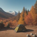 【バックパック】紅葉の山道を荷物まとめて歩く | 収納力の使い分け をイメージした 広角の風景、秋、山、登山道 の写真