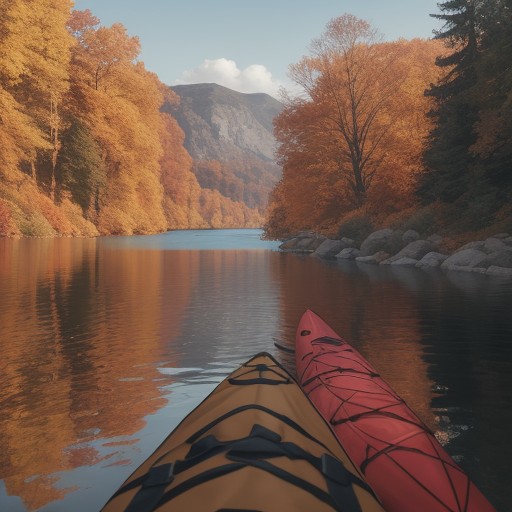 【カヤック】紅葉が映る湖面を漕ぎ進む | 全身で汗を流すスポーツの時間 をイメージした 秋、湖 の写真