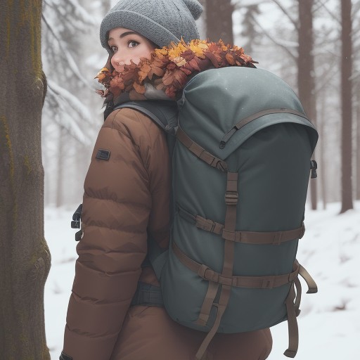【バックパック】紅葉の山道を荷物まとめて歩く | 収納力の使い分け をイメージした 秋、冬、ハイキング の写真