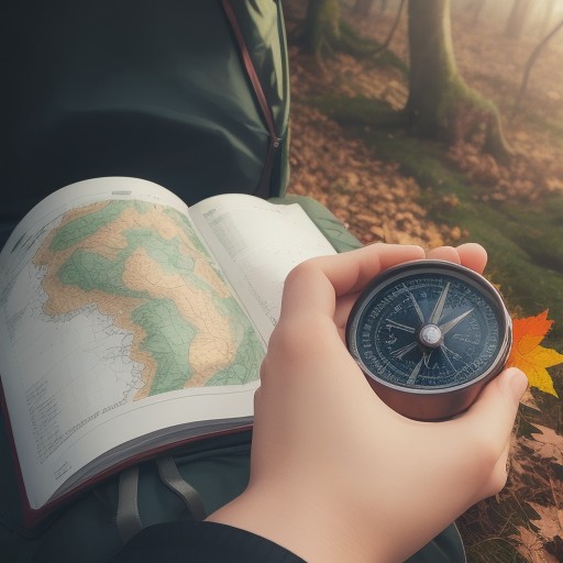 【コンパス】地図で方向を読み取り目的地へ向かう旅 | 秋の紅葉の中を歩く をイメージした 秋 の写真