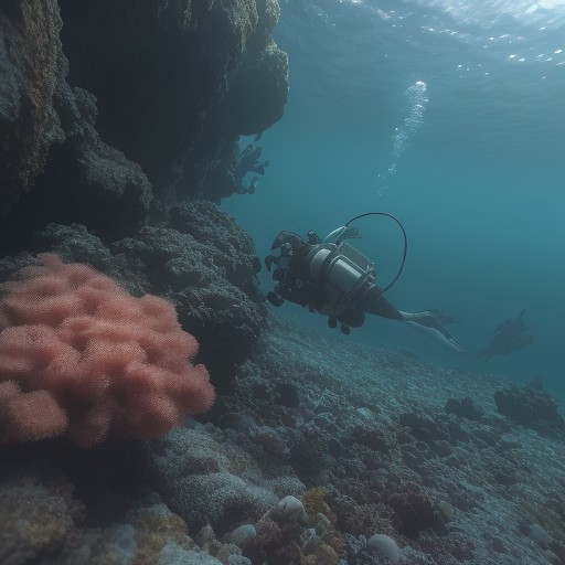 【スキューバダイビング】深海への潜行 | 海底の砂地と岩場を探索する をイメージした自然風景の写真