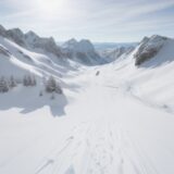 【スキー】雪山の斜面を高速で滑り降りる速度 | 滑走中に広がる視界と体感 をイメージした 広角の風景 の写真